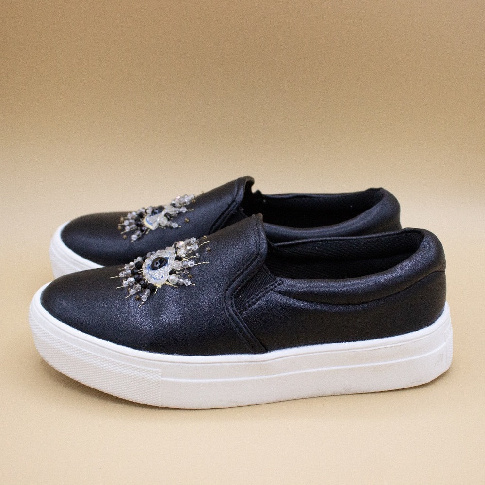 Kurt Geiger Mini Leah Evil Eye Black Leather Slip On Shoes Girls Size 3M EU 34